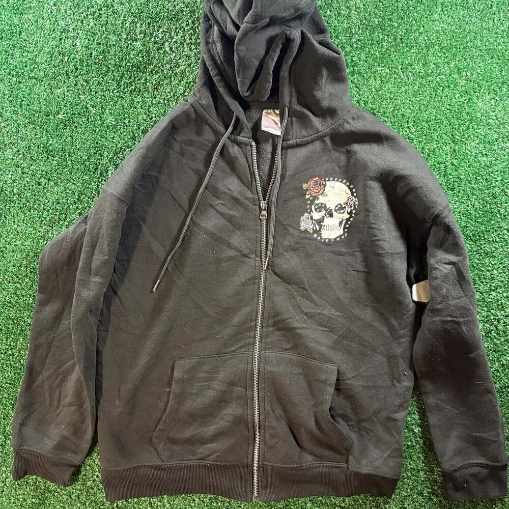 No Boundaries Black Zip Up Hoodie with Sugar Skull and Roses Graphic Size M (7-9